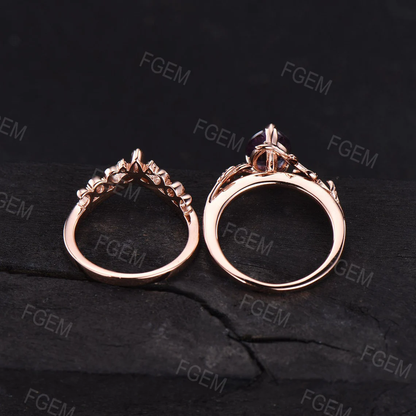 Nature Engagement Ring Set 10K/14K/18K Rose Gold Unique 1.25ct Pear Shaped Alexandrite Leaf Solitaire Rings Celtic Wedding Band Promise Gift