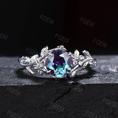 Nature Inspired Flower Color-Change Alexandrite Engagement Ring 1ct Round Branch Cluster Alexandrite Floral Wedding Ring Unique Promise Gift