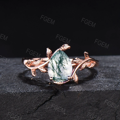 Round Cut Natural Green Moss Agate Engagement Ring Women Sterling Silver Moss Agate Leaf Solitaire Ring Alternative Gemstone Gift for Her