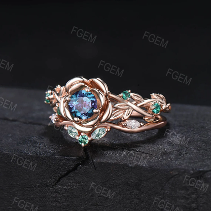 Nature Inspired Rose Flower Color-Change Alexandrite Emerald Engagement Ring Set Rose Gold Floral Leaf Moss Agate Emerald Ring Promise Gift