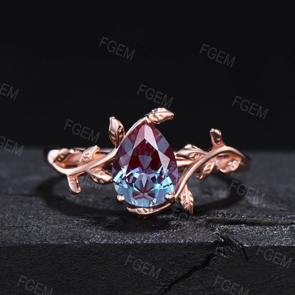 Branch Style Alexandrite Engagement Ring Set 14k Rose Gold 1.25ct Pear Cut Alexandrite Moissanite Solitaire Ring Leaf Nature Wedding Ring
