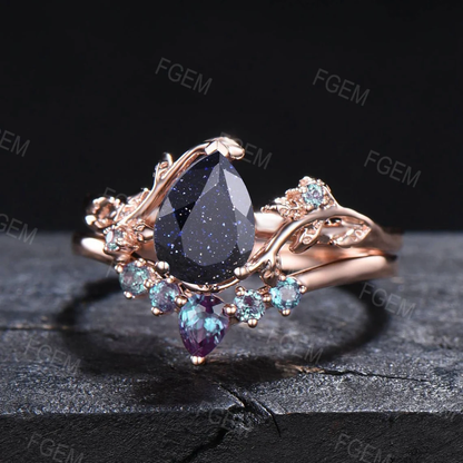 1.25ct Pear Nature Inspired Galaxy Starry Sky Blue Sandstone Wedding Ring Color-Change Alexandrite Wedding Band Leaf Vine Branch Gem Ring