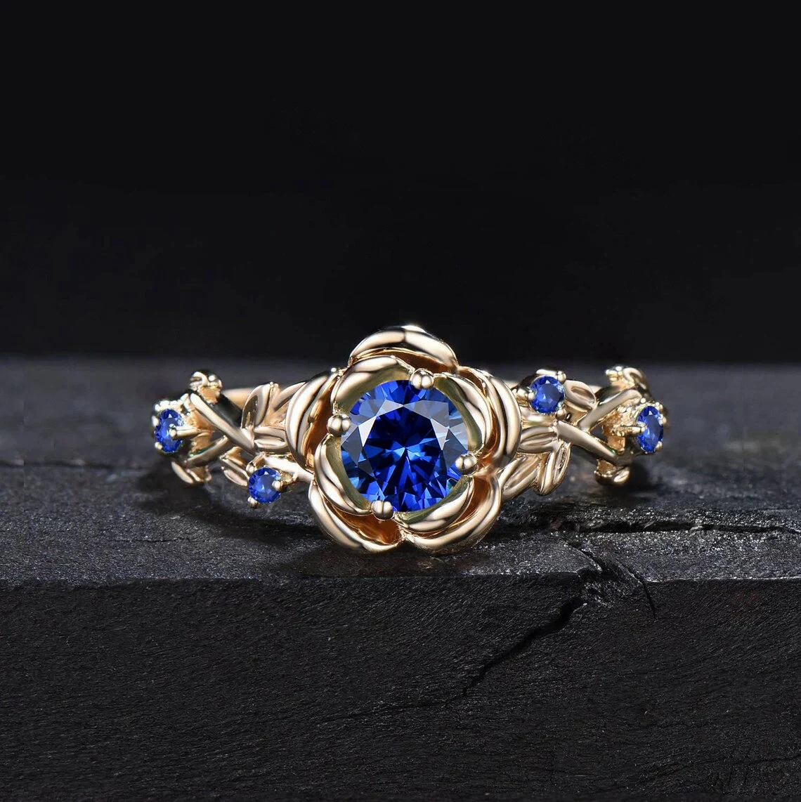 5mm Nature Inspired Blue Sapphire Ring 10K Yellow Gold Twig Leaf Rose Flower Blue Sapphire Nature Engagement Rings Unique Anniversary Gifts