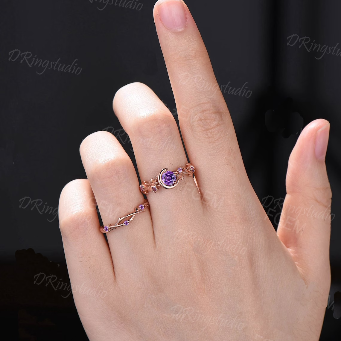 Moon Star Natural Amethyst Engagement Ring Set 5mm Round Amethyst Ring Nature Style Branch Leaf Amethyst Bridal Set February Birthstone Gift