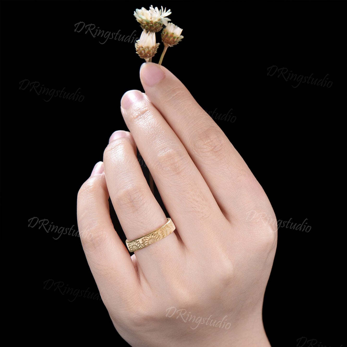 10K Gold Sunflower Ring Pattern Engrave Wedding Ring 4mm/5mm/6mm Mens Promise Bridal Ring Birth Flower Ring Plain Band Ring Floral Jewelry