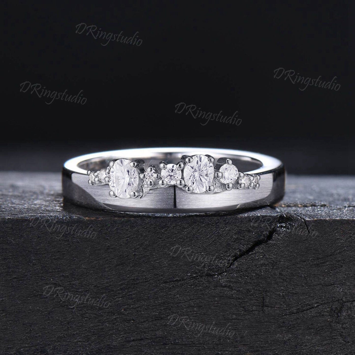 4mm 14k Solid White Gold Moissanite Matte Wedding Band Unique Cluster Diamond Brushed Band for Women Dainty Bold Chunky Band Promise Ring