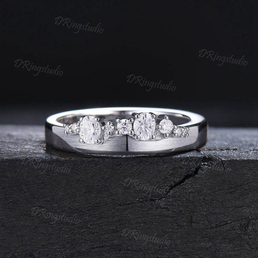 4mm 14k Solid White Gold Moissanite Matte Wedding Band Unique Cluster Diamond Brushed Band for Women Dainty Bold Chunky Band Promise Ring