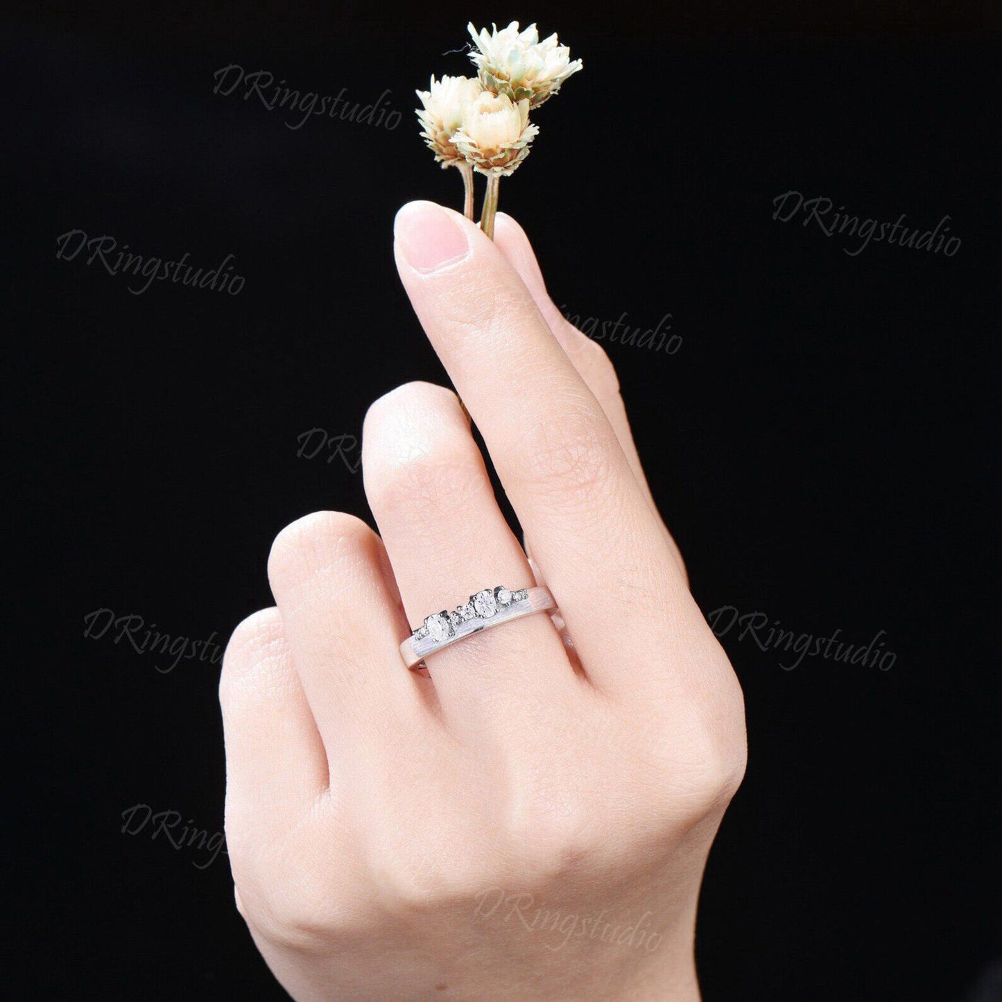 4mm 14k Solid White Gold Moissanite Matte Wedding Band Unique Cluster Diamond Brushed Band for Women Dainty Bold Chunky Band Promise Ring