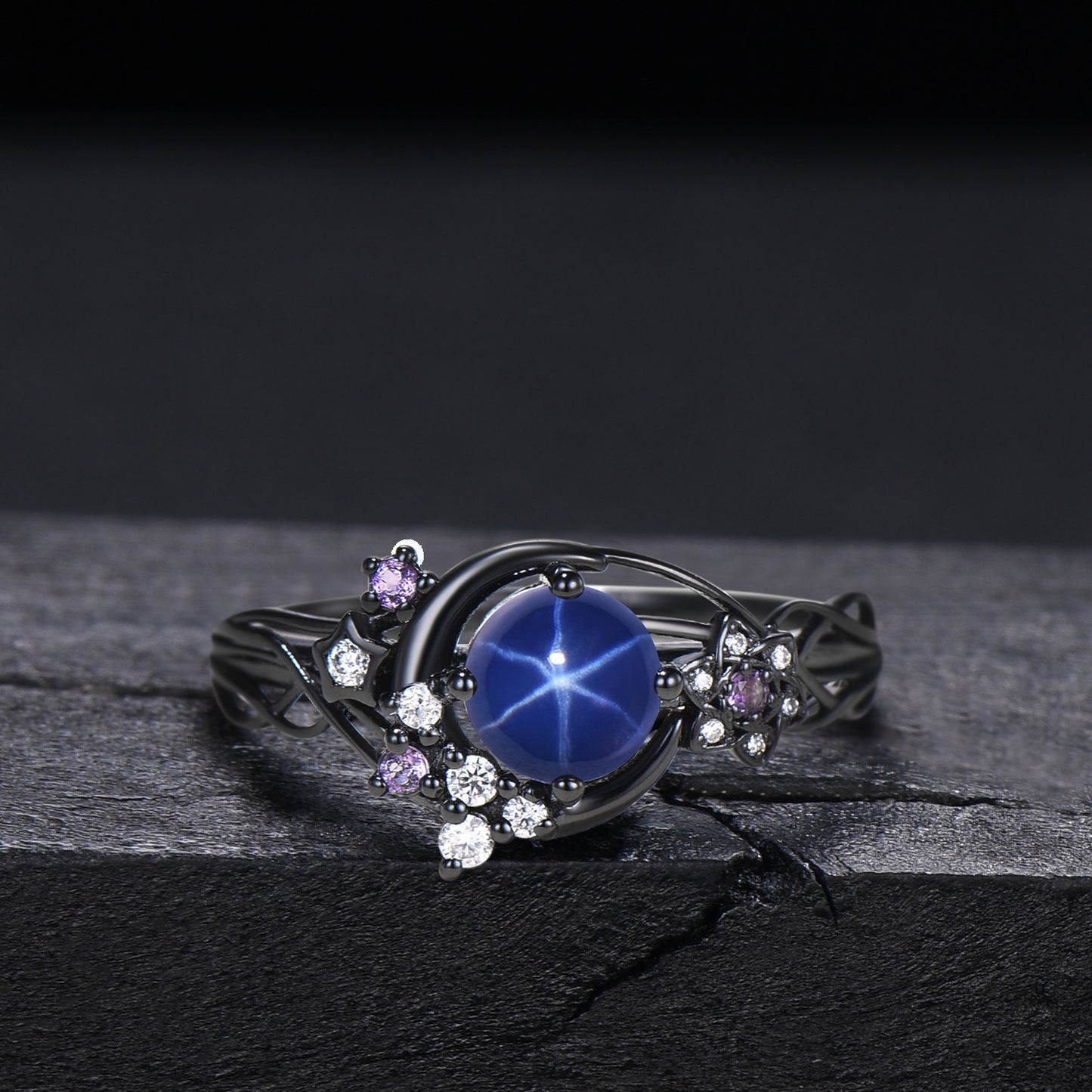 Celestial Crescent Moon Round Star Blue Sapphire Engagement Ring Star Cluster Design 14k White Gold Shooting Star Proposal Anniversary Gift