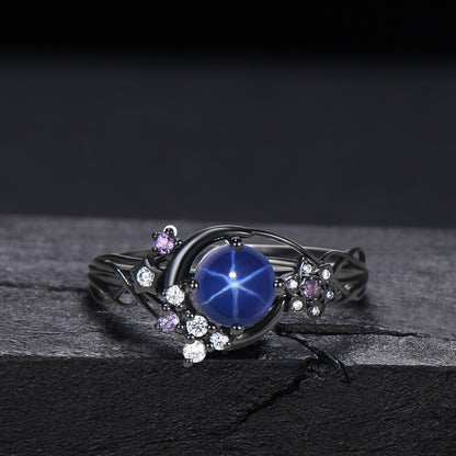 Celestial Crescent Moon Round Star Blue Sapphire Engagement Ring Star Cluster Design 14k White Gold Shooting Star Proposal Anniversary Gift