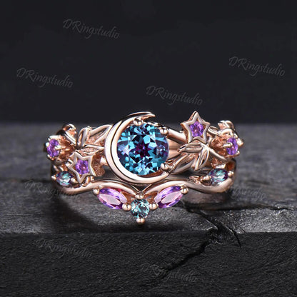 Black Gold Moon Star Design Engagement Ring Gothic Black Leaf Vine Alexandrite Wedding Ring Set Black Witchy Ring Amethyst Bridal Ring Set
