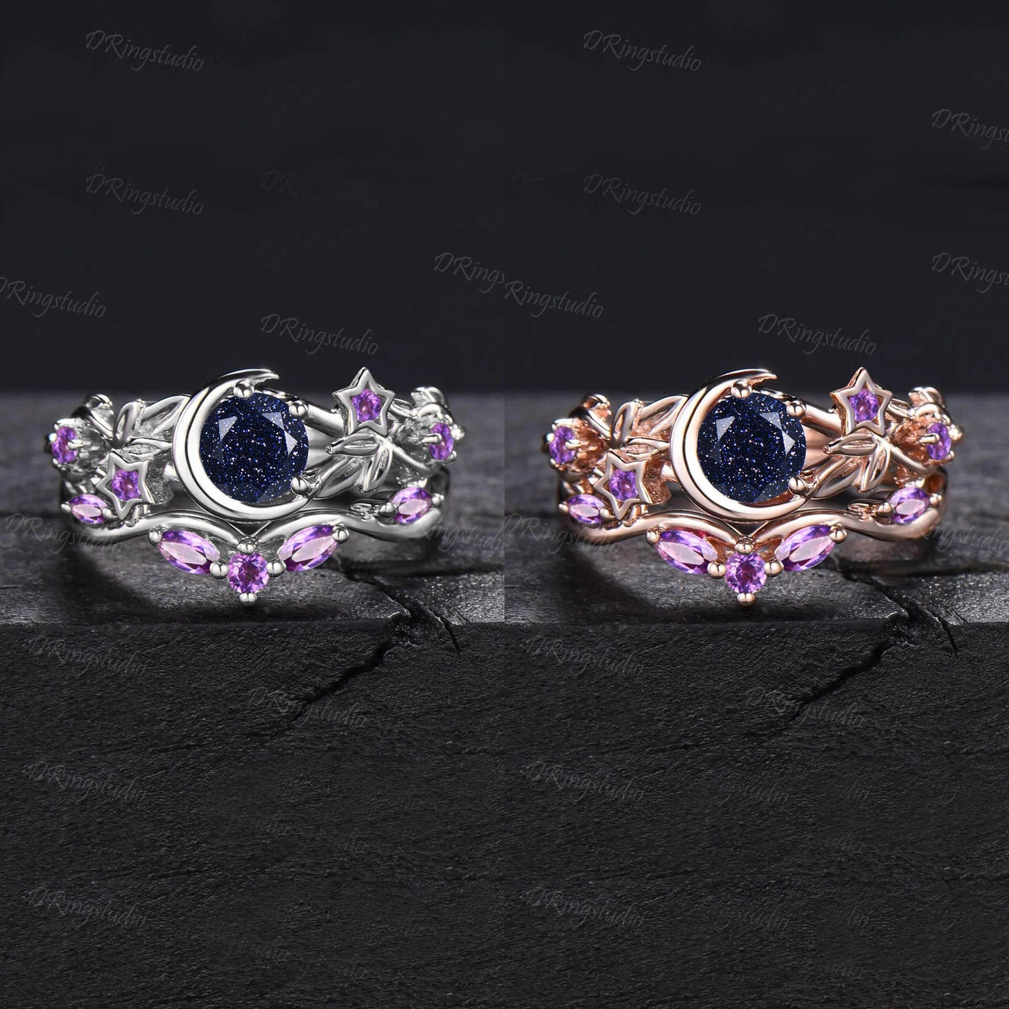 Black Moon Star Galaxy Nebula Ring Nature Inspired Leaf Blue Sandstone Engagement Ring Black Gold Amethyst Promise Bridal Set Proposal Gift