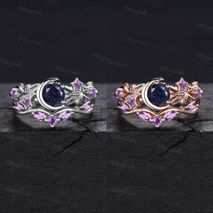 Black Moon Star Galaxy Nebula Ring Nature Inspired Leaf Blue Sandstone Engagement Ring Black Gold Amethyst Promise Bridal Set Proposal Gift