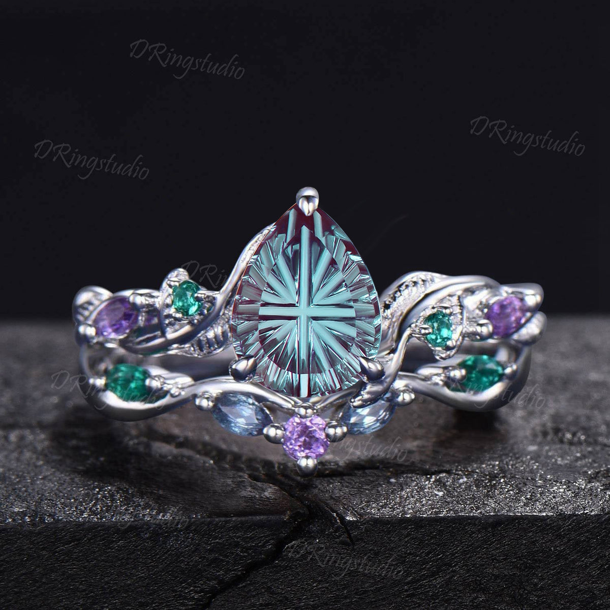 1.25CT Fantasy Cut Color-Change Alexandrite Black Gold Wedding Ring Set Teardrop Engagement Rings Twig Vine Emerald Amethyst Bridal Set
