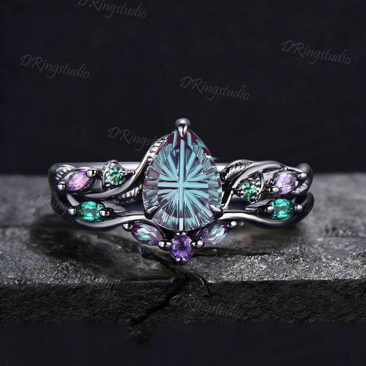 1.25CT Fantasy Cut Color-Change Alexandrite Black Gold Wedding Ring Set Teardrop Engagement Rings Twig Vine Emerald Amethyst Bridal Set