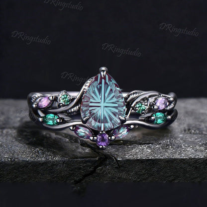 1.25CT Fantasy Cut Color-Change Alexandrite Black Gold Wedding Ring Set Teardrop Engagement Rings Twig Vine Emerald Amethyst Bridal Set