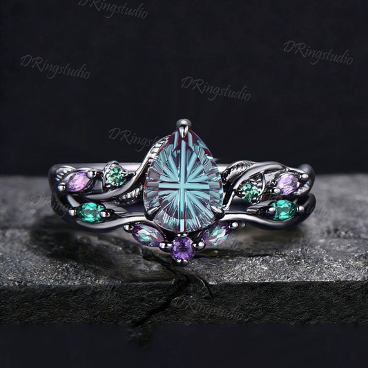 1.25CT Fantasy Cut Color-Change Alexandrite Black Gold Wedding Ring Set Teardrop Engagement Rings Twig Vine Emerald Amethyst Bridal Set