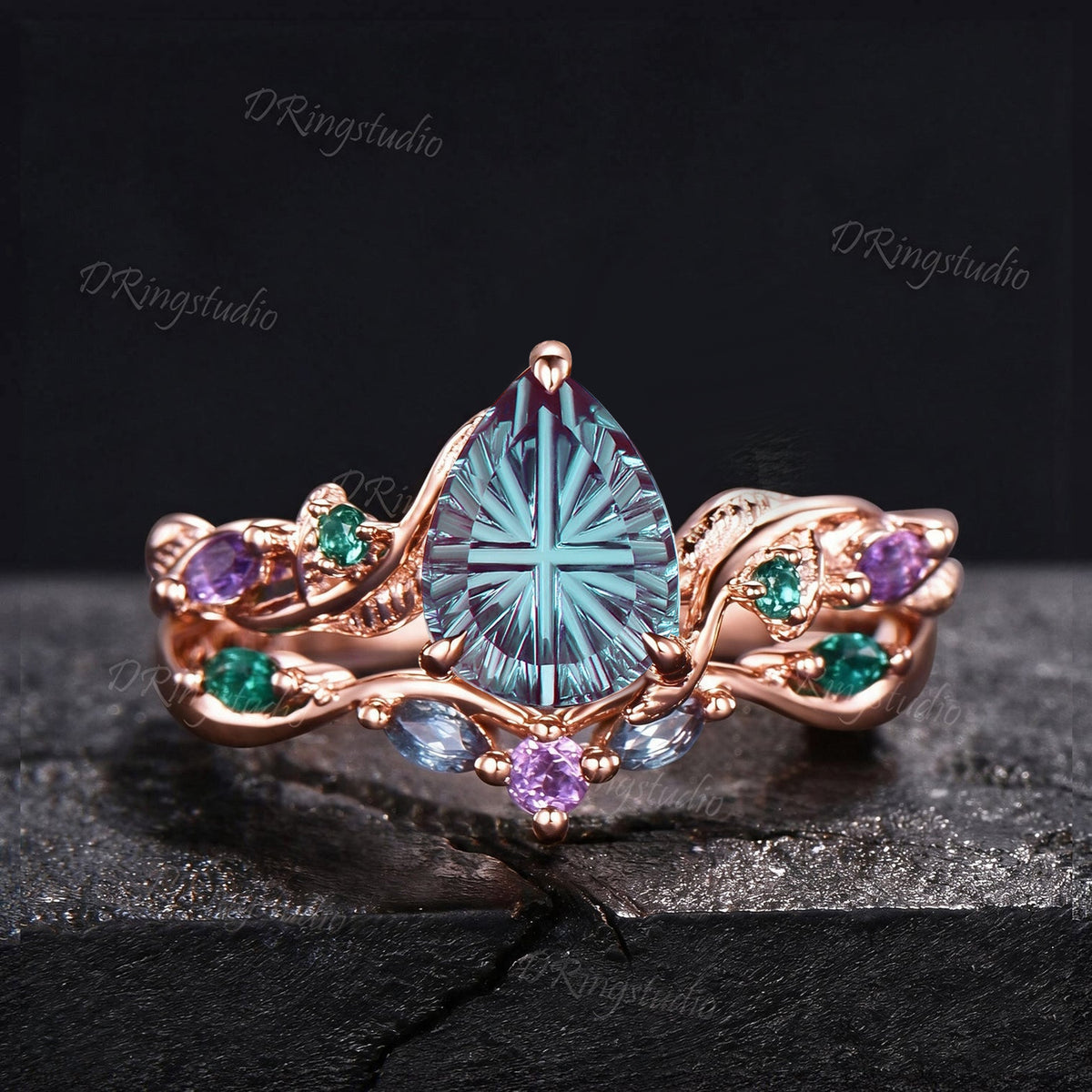 1.25CT Fantasy Cut Color-Change Alexandrite Black Gold Wedding Ring Set Teardrop Engagement Rings Twig Vine Emerald Amethyst Bridal Set