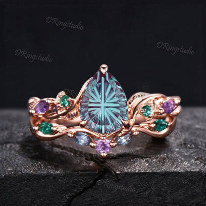 1.25CT Fantasy Cut Color-Change Alexandrite Black Gold Wedding Ring Set Teardrop Engagement Rings Twig Vine Emerald Amethyst Bridal Set