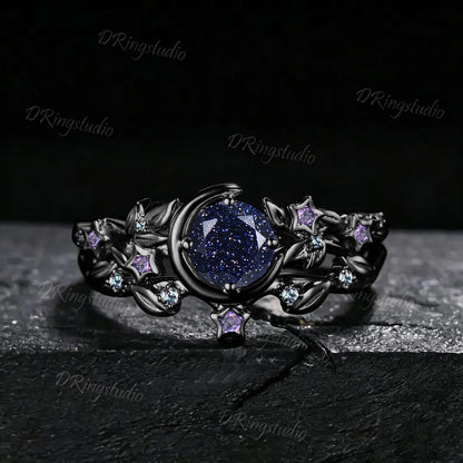 Galaxy Round Blue Sandstone Engagement Ring Crescent Moon Star Amethyst Ring Black Gold Leaf Alexandrite Wedding Ring Set Proposal Gift