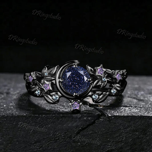 Galaxy Round Blue Sandstone Engagement Ring Crescent Moon Star Amethyst Ring Black Gold Leaf Alexandrite Wedding Ring Set Proposal Gift