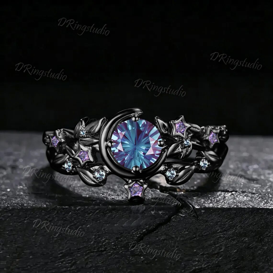 Color-Change Round Fireworks Cut Alexandrite Engagement Ring Crescent Moon Star Black Gold Leaf Vine Bridal Set Amethyst Wedding Ring Gift
