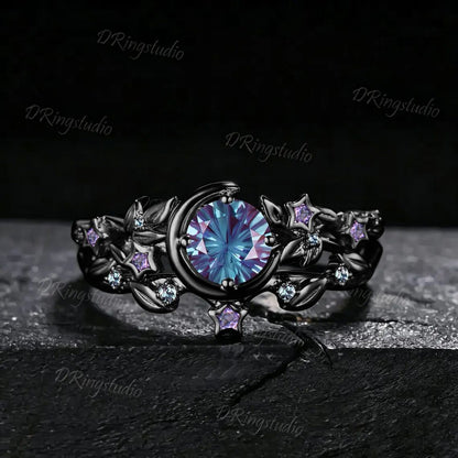 Color-Change Round Fireworks Cut Alexandrite Engagement Ring Crescent Moon Star Black Gold Leaf Vine Bridal Set Amethyst Wedding Ring Gift