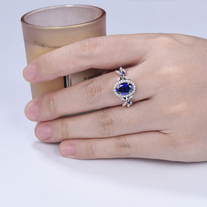 Oval Cut Blue Sapphire Halo Engagement Ring Moissanite Leaf Vine Inspired Promise Ring 14k White Gold For Women September Birthstone