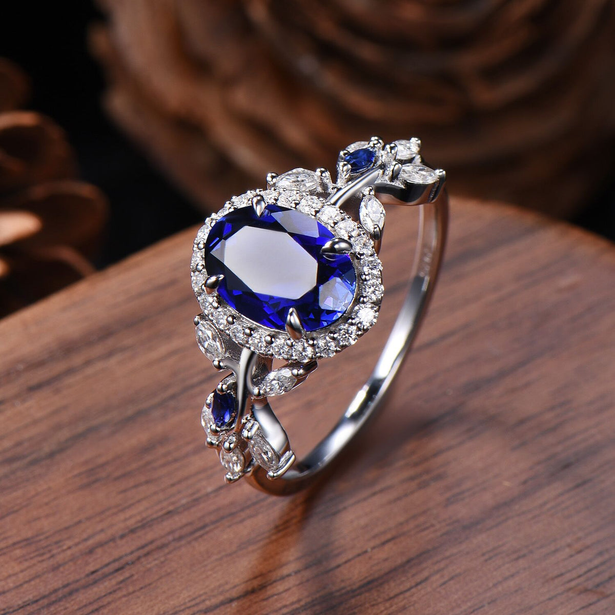 Oval Cut Blue Sapphire Halo Engagement Ring Moissanite Leaf Vine Inspired Promise Ring 14k White Gold For Women September Birthstone