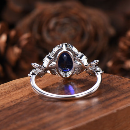 Oval Cut Blue Sapphire Halo Engagement Ring Moissanite Leaf Vine Inspired Promise Ring 14k White Gold For Women September Birthstone
