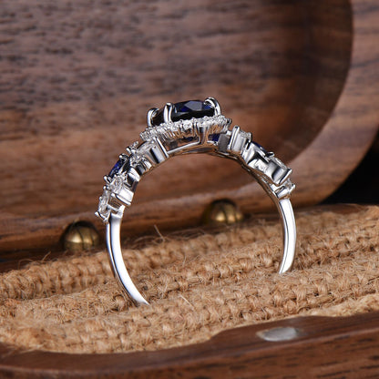 Oval Cut Blue Sapphire Halo Engagement Ring Moissanite Leaf Vine Inspired Promise Ring 14k White Gold For Women September Birthstone