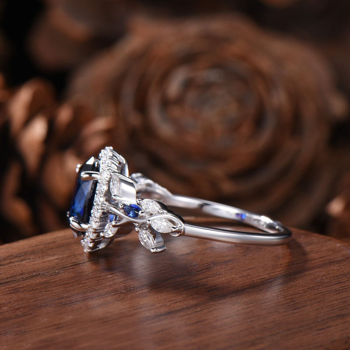 Oval Cut Blue Sapphire Halo Engagement Ring Moissanite Leaf Vine Inspired Promise Ring 14k White Gold For Women September Birthstone