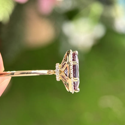 5ct-8x12mm Oval Cut Alexandrite Engagement Ring Double Halo With Hidden Halo High Tulip Setting Color Change Gemstone Ring 14k Rose Gold