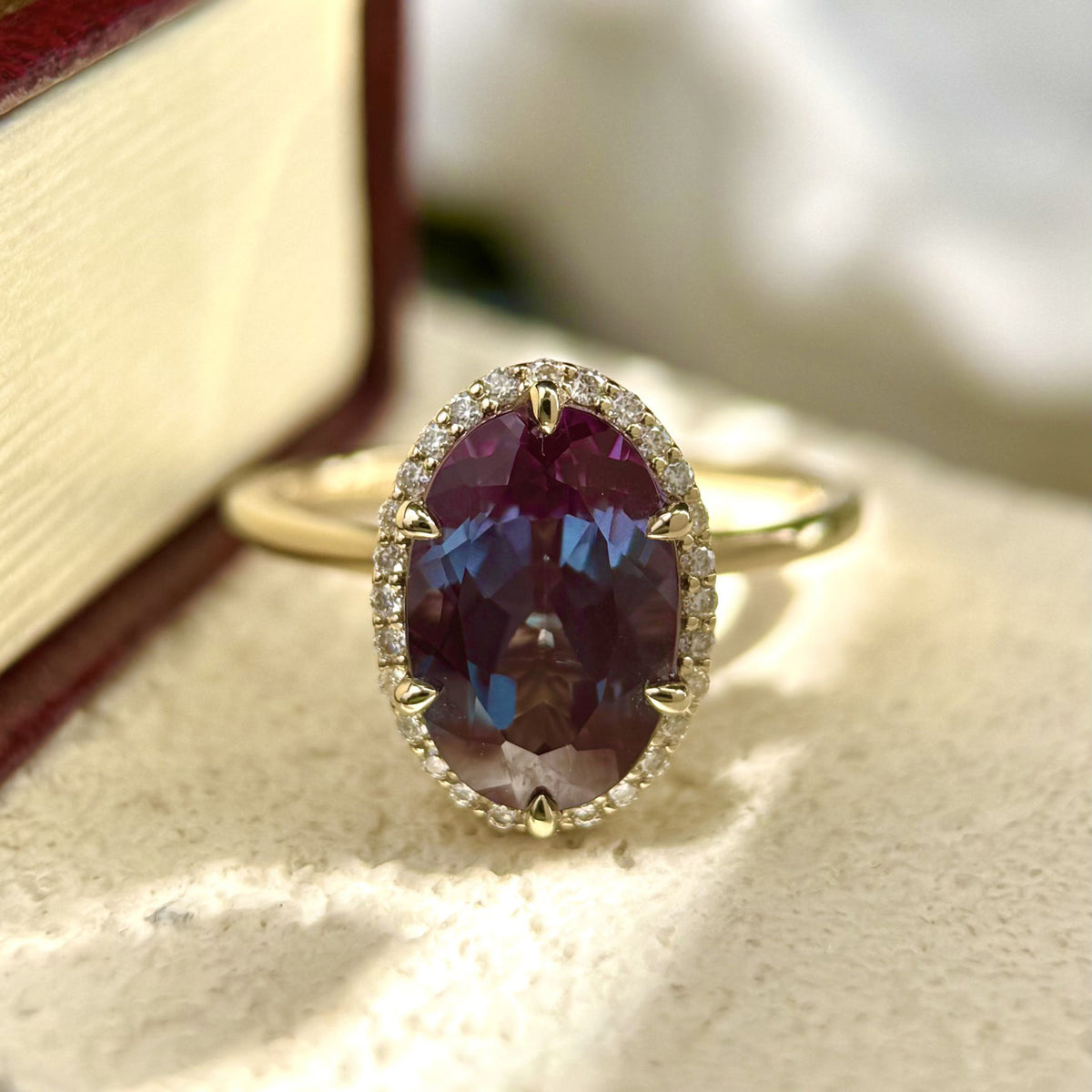5ct-8x12mm Oval Cut Alexandrite Engagement Ring Double Halo With Hidden Halo High Tulip Setting Color Change Gemstone Ring 14k Rose Gold