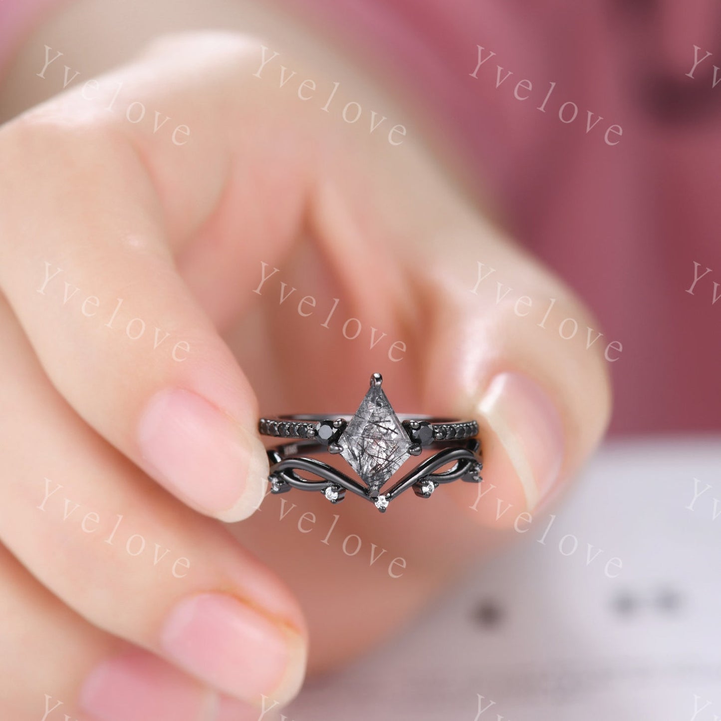 Retro Kite Black Rutilate Quartz Engagement Ring,Vintage Black Silver Ring Set,Unique Black Spinel Diamond Promise Ring Anniversary Gift