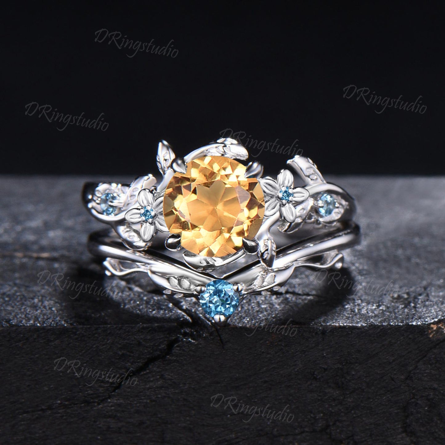 1ct Round Nature Inspired Flower Natural Citrine Wedding Ring Sterling Silver Citrine Topaz Bridal Ring Unqiue Anniversary/Promise Ring Gift