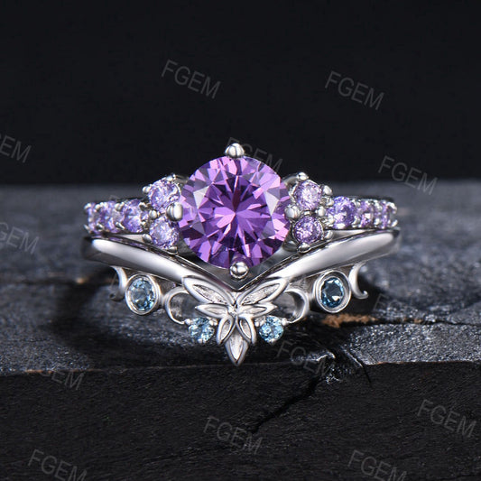 7mm Round Natural Amethyst Bridal Ring Set Celtic Knot Topaz Ring Feb Birthstone Birthday Gift for Women