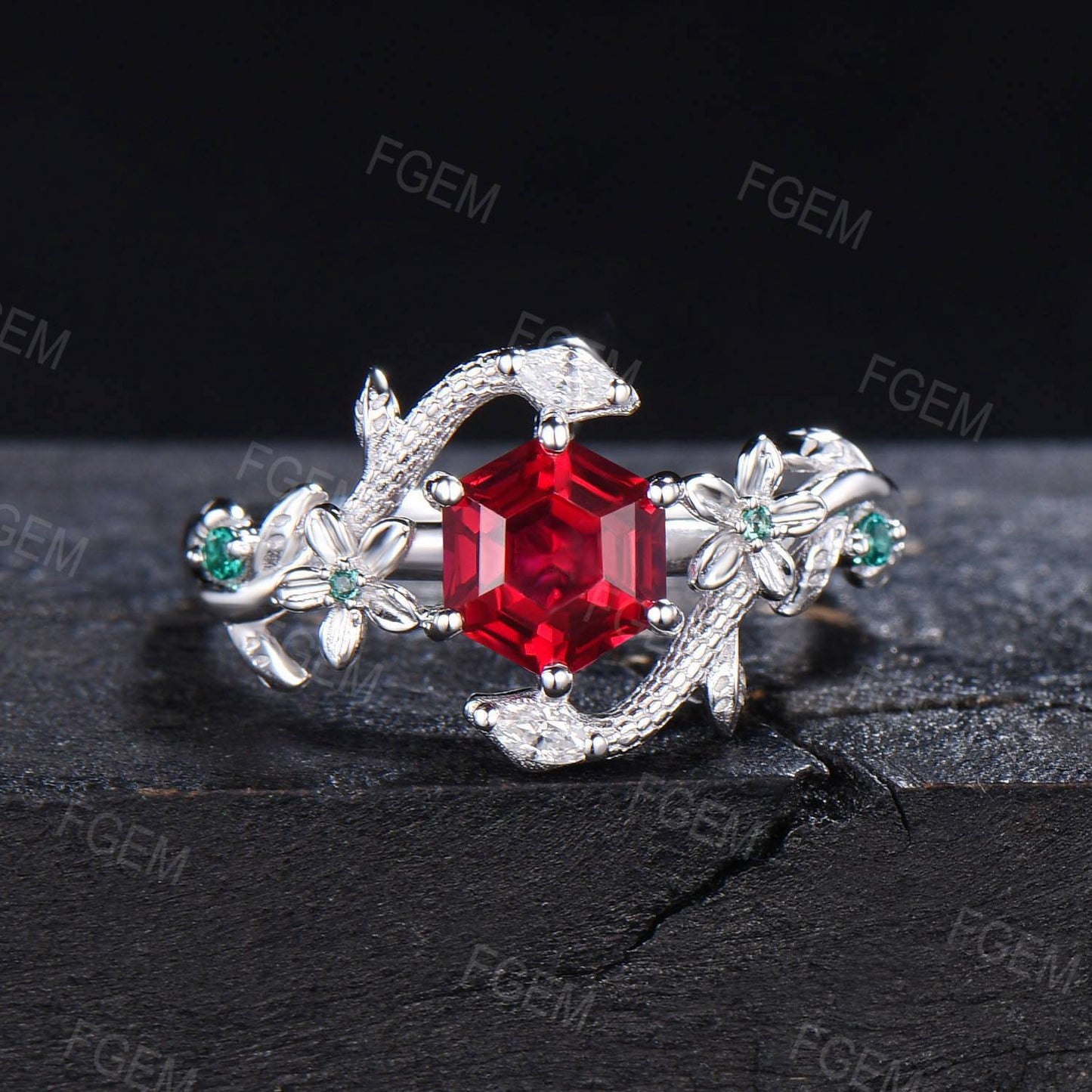 Nature Inspired Hexagon Ruby Engagement Ring Dainty Snake Ring Floral Ruby Emerald Wedding Ring Branch Leaf Ring July Birthstone Women Gifts