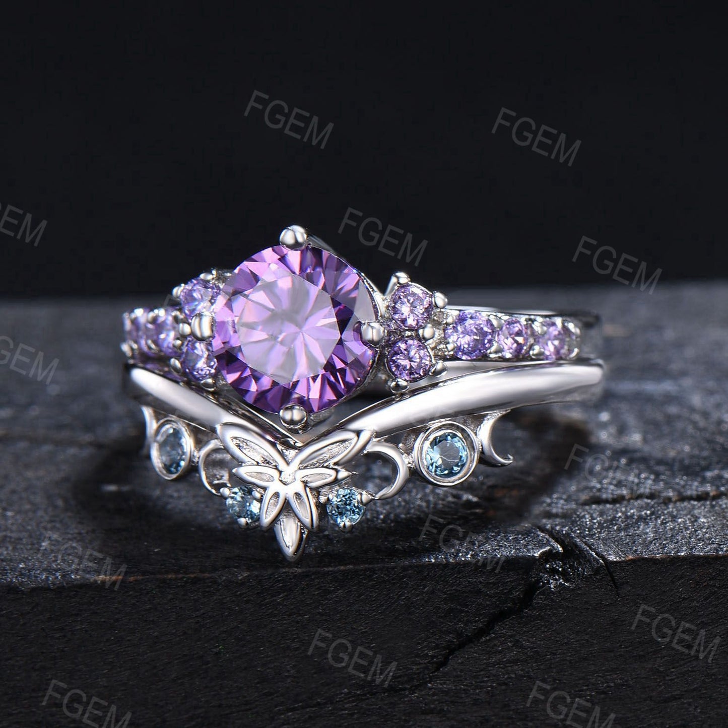 7mm Round Natural Amethyst Bridal Ring Set Celtic Knot Topaz Ring Feb Birthstone Birthday Gift for Women