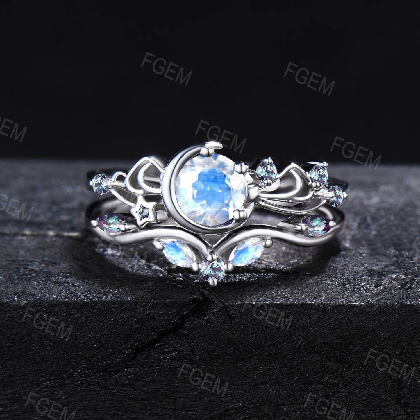 5mm Round Rainbow Moonstone Ring Set Moon Star Natural Moonstone Bridal Set Unique Bowknot Alexandrite Sailor Moon Wedding Ring Gifts For Women