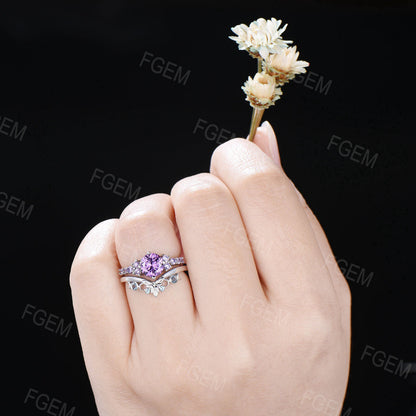 7mm Round Natural Amethyst Bridal Ring Set Celtic Knot Topaz Ring Feb Birthstone Birthday Gift for Women