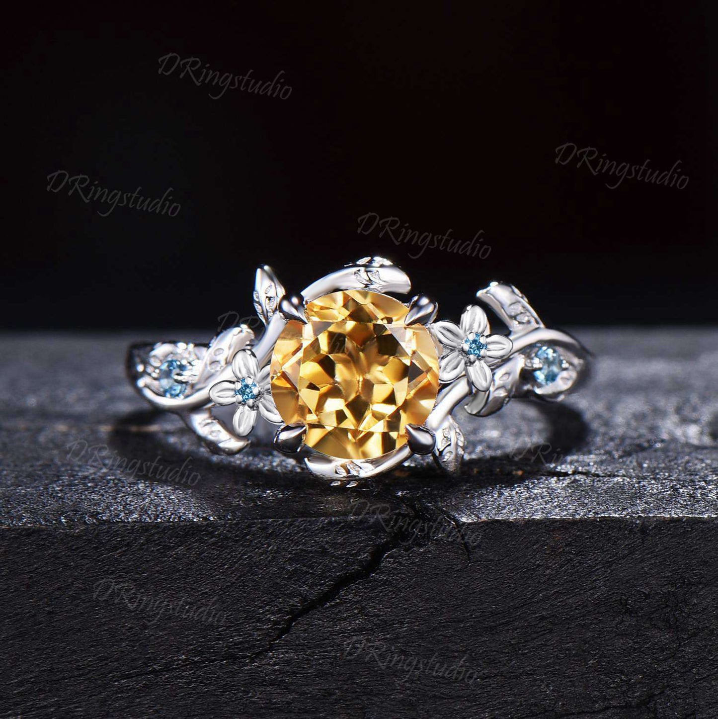 1ct Round Nature Inspired Flower Natural Citrine Wedding Ring Sterling Silver Citrine Topaz Bridal Ring Unqiue Anniversary/Promise Ring Gift