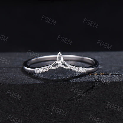 Unique Celtic Curved Wedding Band Solid White Gold Moissanite Band Trinity Knot Stacking Band Chevron Ring Minimalist Promise Ring for Women