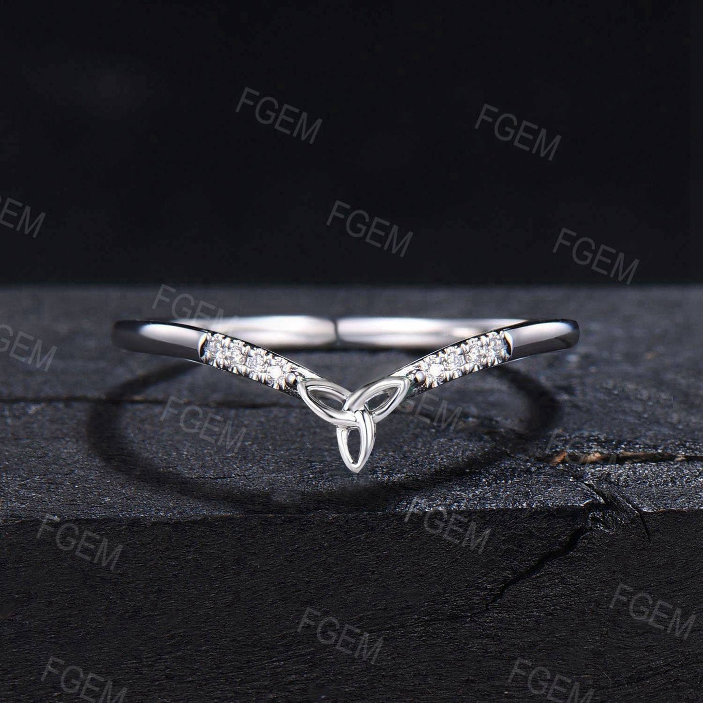 Unique Celtic Curved Wedding Band Solid White Gold Moissanite Band Trinity Knot Stacking Band Chevron Ring Minimalist Promise Ring for Women
