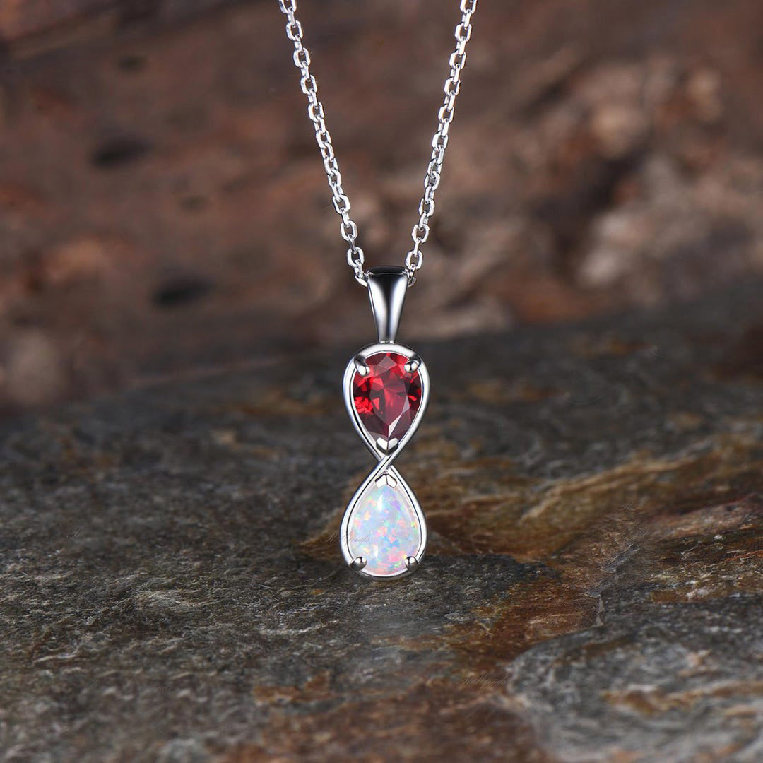 Unique Pear Cut Ruby Opal Necklace Art Deco 14k White Gold Two Stone Pendant Minimalist July Birthstone Necklace Anniversary Gift For Women