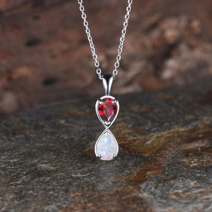 Unique Pear Cut Ruby Opal Necklace Art Deco 14k White Gold Two Stone Pendant Minimalist July Birthstone Necklace Anniversary Gift For Women
