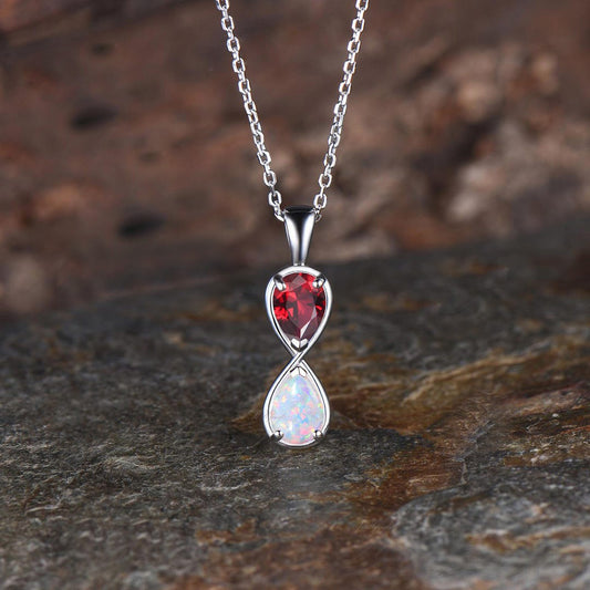 Unique Pear Cut Ruby Opal Necklace Art Deco 14k White Gold Two Stone Pendant Minimalist July Birthstone Necklace Anniversary Gift For Women