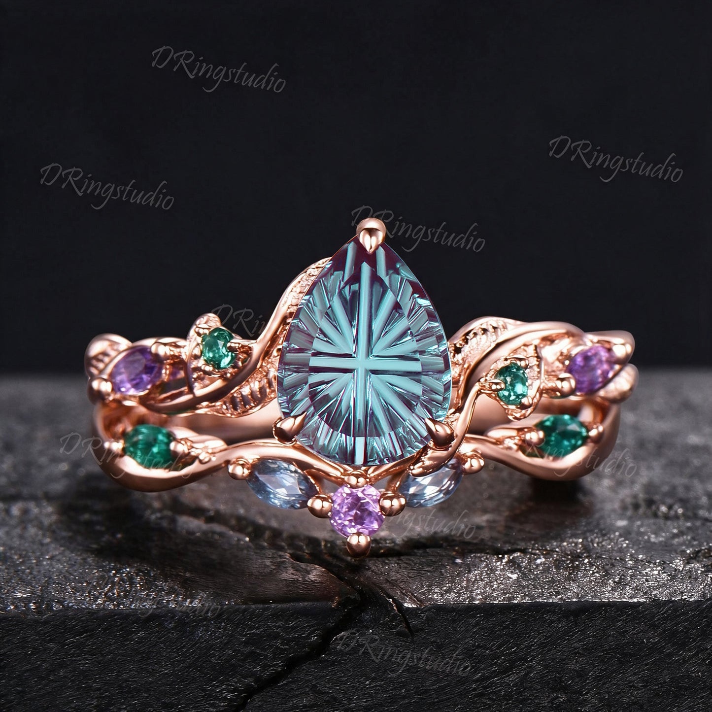 1.25CT Fantasy Cut Color-Change Alexandrite Black Gold Wedding Ring Set Teardrop Engagement Rings Twig Vine Emerald Amethyst Bridal Set