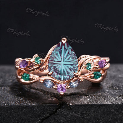 1.25CT Fantasy Cut Color-Change Alexandrite Black Gold Wedding Ring Set Teardrop Engagement Rings Twig Vine Emerald Amethyst Bridal Set