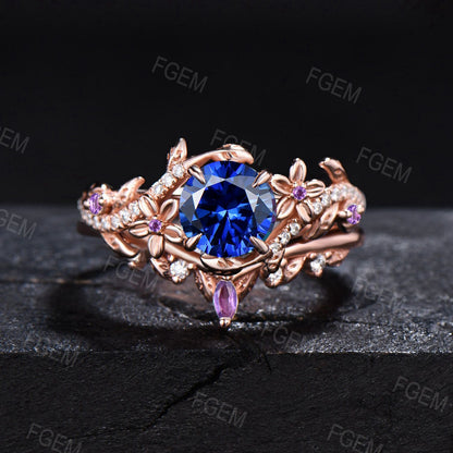 1ct Round Blue Sapphire Ring Set Rose Gold Floral Sapphire Amethyst Bridal Set Leaf Vine Moissanite Ring September Birthstone Promise Gifts